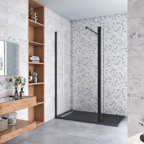 Walk in Doccia 140x200cm Due Pareti (100+40) cm Vetro 8 mm Temperato Trasparente Anticalcare Barra Stabilizzatrice 70-120 cm Nero Opaco
