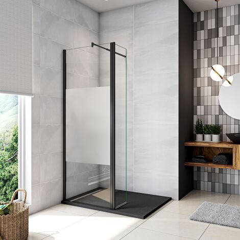 Walk in Doccia 160x200cm Due Pareti (120+40) Vetro 8 mm Temperato Anticalcare Antifrantumi Fascia Opaca Barra Stabilizzatrice 70-120 cm Nera Opaca
