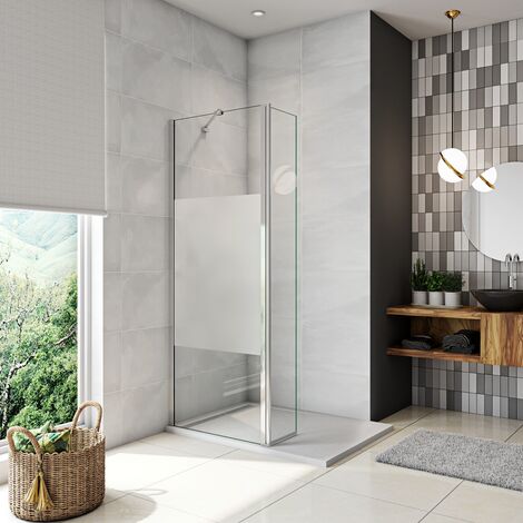 Walk in Doccia 90x200cm Due Pareti (60+30) cm Vetro 8 mm Temperato Anticalcare Fascia Opaca Centrale ANTI FRANTUMI Barra Stabilizzatrice 45 cm Cromo Lucido