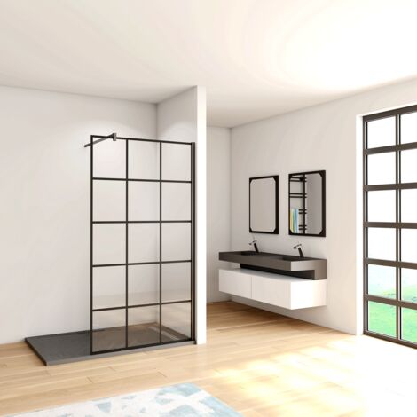 Walk In Doccia Misura 200cm Parete Fissa in Cristallo Temperato 8 mm Anticalcare Serigrafato Nero con Riquadri Barra Stabilizzatrice Telaio Nero Opaco