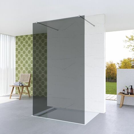 Walk in Duschwand Grauglas Duschabtrennung Freistehend Dusche 8mm Nano Rauchglas Duschtrennwand Glastrennwand mit Stabilisationsbügel 97 x 200 cm