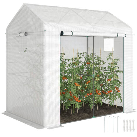Walk-in Greenhouse, Outdoor Tomato Greenhouse with Roll-up Door and Mesh Windows, PE Cover, 200 x 140 x 200cm, White