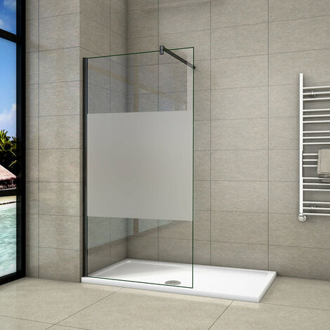 Walk In Parete Per Doccia 90x200 cm Vetro Temperato Anti-frantumi Anticalcare 8mm Striscia Satinata/Opaca Barra Stabilizzatrice da 90 cm Telaio Nero Opaco