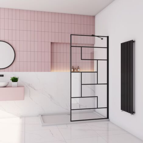 Walk-in paroi de douche à l’italienne sérigraphie en noir 80x200cm en verre anticalcaire 8mm avec une de barre de fixation d’angle de 45cm
