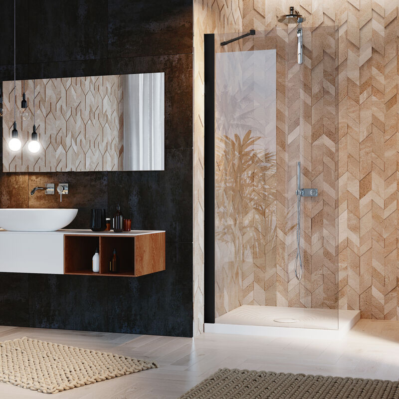 Paroi douche en verre transparent avec traitement anticalcaire h 190 mod Walk in Flip Black 50 cm