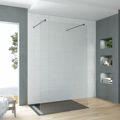 Walkin Dusche Freistehend Begehbare Duschabtrennung Duschwand Glas Duschtrennwand Echtglas ESG 8 mm Nanobeschichtung inkl. Stabilisator schwarz OHNE Wandprofil OHNE Duschwanne  1. Größe: 77x200cm