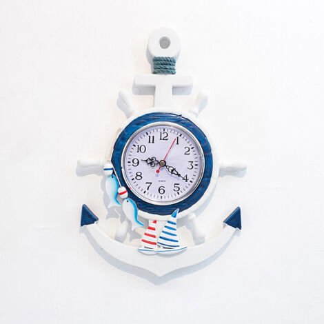 Wall Clock Blue and White Ship Modeling Marine Style Personalized Decoration Clock for Study Bedroom Fish 34x23cm/13.4x9.1in