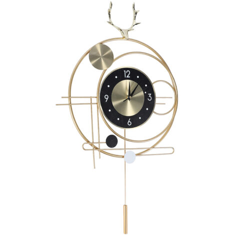 Wall Clock for Living Room Decor Metal Deer Horn Swinging Gold Pendulum Geometric Wall Clock Decor for Office Bedroom