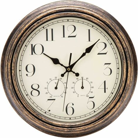 Wall Clock with Thermometer and Hygrometer Vintage Silent Golden Bronze Quartz Wall Pendulum for Living Room Kitchen 30cm