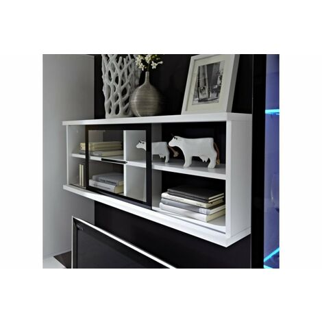 Wall Display Glass Cabinet Shelf - White Unit with Black Back Board Fever 100cm - White / White High Gloss