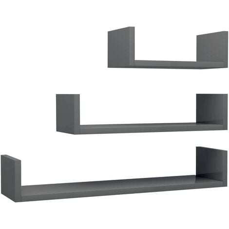Wall Display Shelf 3 pcs High Gloss Grey Chipboard