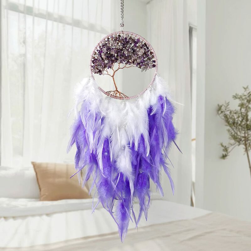 Wall Hanging Dream Catcher Handmade Crystal Dream Catcher Circular Tree of Life With Feathers Traditional Bohemian Home Decor Craft Decor (Purple)