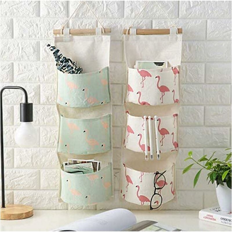 Tinor - Wall Hanging Storage Bag 2 Packs, Linen Hanging Storage Organiser, Over Door Storage 3 Pockets Storage Bag with Waterproof pe Coated Interior