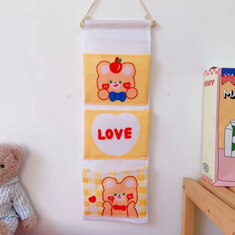 Wall Hanging Storage Bag Fabrics Door Wall Mounted Storage Pockets Home Decoration for Dormitory Bedside Closet Small Apple Bear