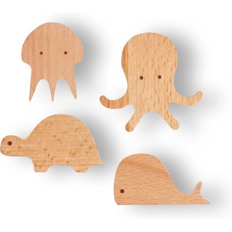 Wall hook, wooden wall hook for children's and baby's room, natural sea animal coat hooks, wooden hooks, children's wall hook, set of 4