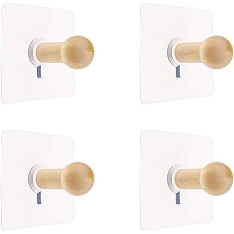 Wall Hooks Natural Mini Self Adhesive Hook, Wooden Robe Hook for Hat Clothes Robe, Wall Mount Hook Hanger Towel Rack Bedroom Decoration 4 PCS
