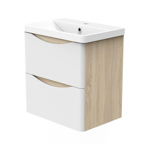 Wall Hung Bathroom Cabinet Vanity Sink Unit with Basin, 2 Drawers Flat Pack - 500mm Oak Body Matt White Drawer