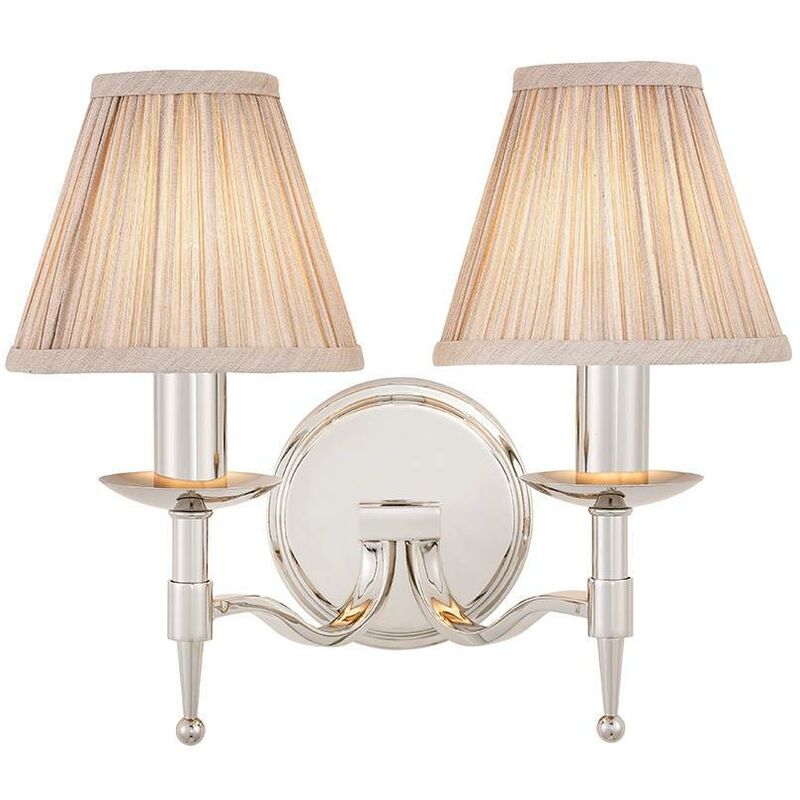 Interiors 1900 Lighting - Interiors Stanford Nickel - 2 Light Indoor Twin Candle Wall Light Polished Nickel Plate with Beige Shades, E14