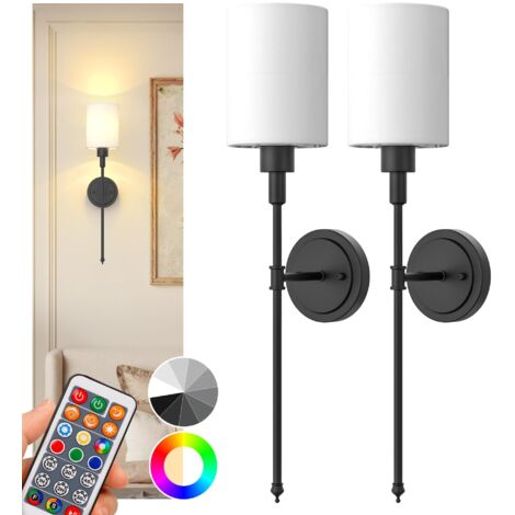 Wall Lamp with Remote Control Cylinder Fabric Shade Matte Black 2 Pack with Charging Bulb