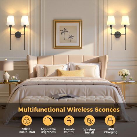 Wall Lamp with Remote Control Dual Head Fabric Shade Matte Black 2 Pack with Charging Bulb