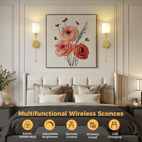Wall Lamp with Remote Control Glass Shade Brushed Copper 2 Pack with Charging Bulb