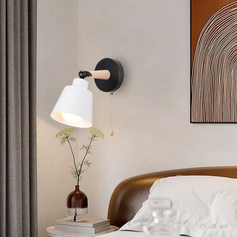 Wall Light, Modern Wooden Wall Lamp with eu Plug, Simple Wall Sconce Fixture with Metal Lampshade for Bedroom Living Room (White)