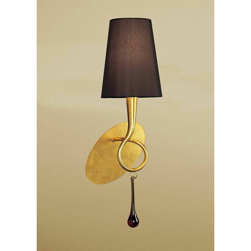 09diyas - Wall light Paola with switch 1 Bulb E14, painted gold with black shade & amber glass droplets