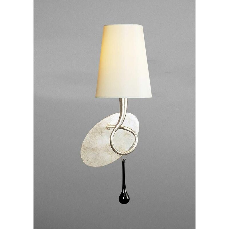 09diyas - Wall light Paola with switch 1 Bulb E14, painted silver with cream shade & black glass droplets