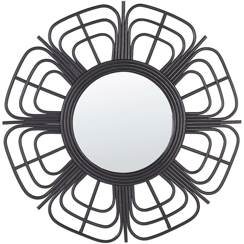 Beliani - Wall Mirror Boho Black Rattan Frame Flower Sun Shape Round 60 Cm Pasaku