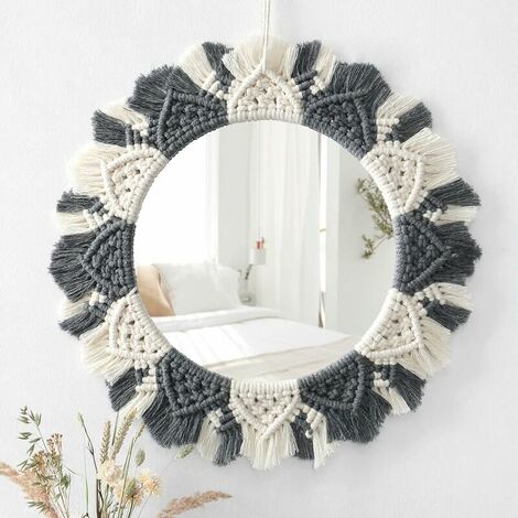 Wall Mirror Boho Macrame Fringe Mirror with Wooden Bead Feather Pendant Round Wall Art Mirror for Bedroom Hallway Living Room Home Decor(Grey)