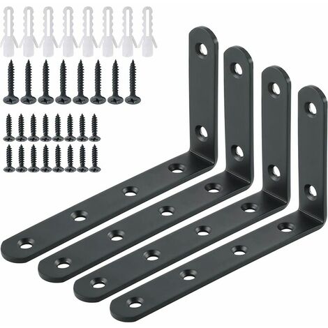 Wall Mount Shelf Brackets Metal Stamped Console Corner Bracket for Hanging Shelf, 125mm x 75mm, Stainless Steel Matte Black Finish, 4 Pcs