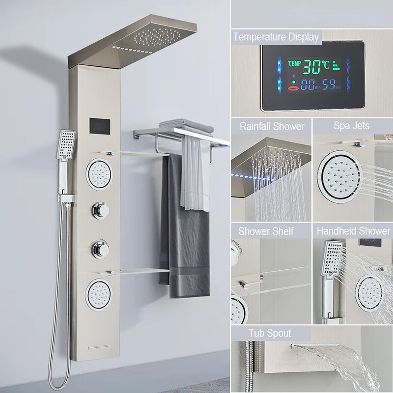 Wall Mount Shower Panel Shower Column LED Waterfall Shower Faucet Set With Bidet Sprayer Massage Temperature Display