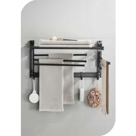 Wall-Mounted Aluminum Swivel Towel Rack - Movable Hooks and 90° Shelf - No Drilling - Space Saving Laundry and Bathroom (40cm 5 Rods Black)