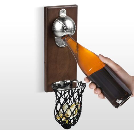 Wall Mounted Basketball Bottle Opener, Magnetic Funny Bottle Opener with Cap Catcher, Vintage Wooden Bottle Opener for Home, Shops, Bars, Party, Gifts for Basketball and Beer Lovers