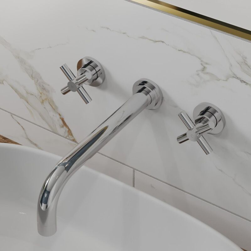Wall Mounted Bathroom Bath Tub Mixer Tap Filler Spout Twin Cross Handles Chrome - Silver