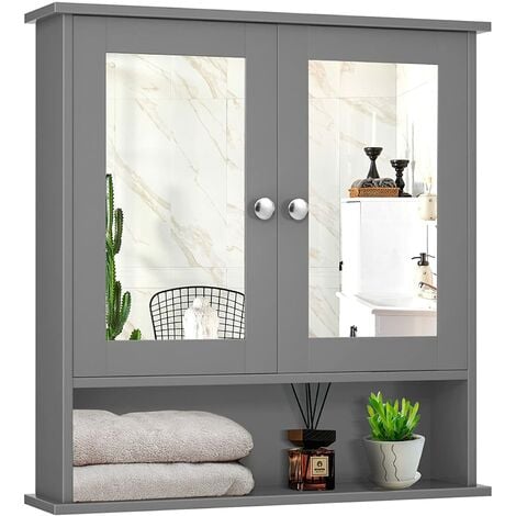 TEETOK Wall mounted bathroom cabinets,Bathroom Wall Cabinet Storage Unit 2 Door Mirrored Cupboard MDF Shelves Grey