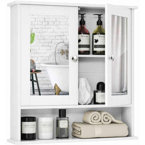 Wall Mounted Bathroom Mirror Cabinet Wooden Storage Cupboard Medicine Organizer