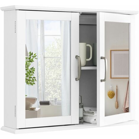 Wall Mounted Bathroom Mirror Cabinet Wooden Storage Cupboard Medicine Organizer