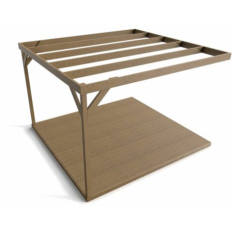 Wall-mounted box pergola and decking, complete DIY kit (2.4m x 2.4m, Rustic brown finish)