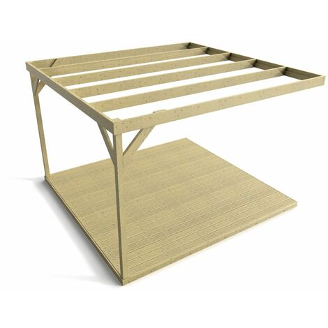 Wall-mounted box pergola and decking, complete DIY kit (4.8m x 4.8m, Light green (natural) finish)