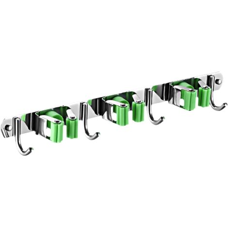 Wall-mounted broom holder, stainless steel wall-mounted broom holder, mop holder with 3 clips and 4 hooks for kitchen, garden, balcony, garage