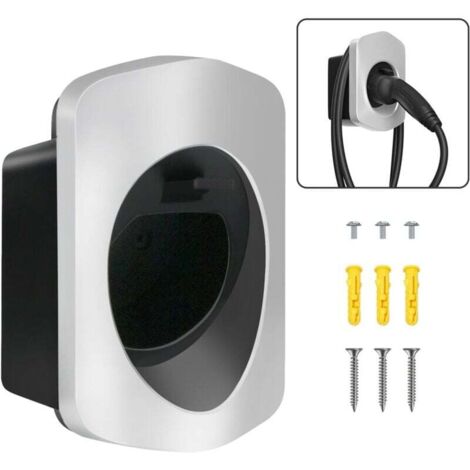 Wall-mounted cable holder, Type 2, electric car charger holder with connector, charging cable organizer, charging station accessories, silver MUMU