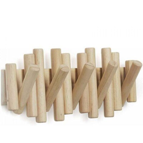 Wall-Mounted Coat Rack Rail Hook with 5 Retractable Wood Pegs – Modern, Space-Saving Storage Organizer, Natural