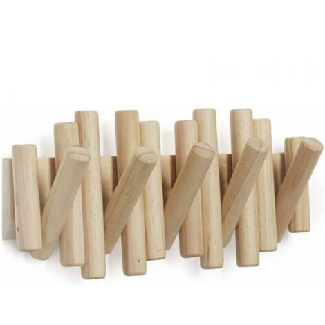 Wall-Mounted Coat Rack Rail Hook with 5 Retractable Wood Pegs – Modern, Space-Saving Storage Organizer, Natural
