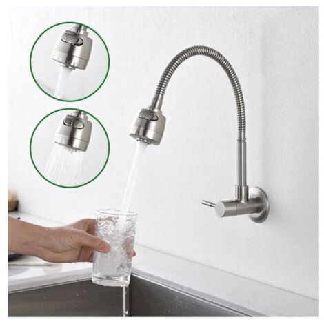 Wall-mounted cold water tap with memory foam spring, single-handle brushed stainless steel sink mixer, 2 spray patterns