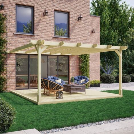 Wall Mounted Double Premium Pergola and Decking Kit - Wood - L300 x W300 x H270 cm - Light Green