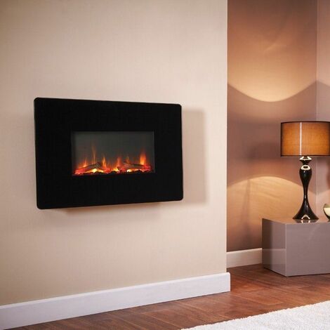 Wall Mounted Electric Fireplace Glass Heater Fire Remote Control LED Flame Black - Black