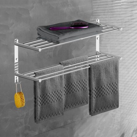 Wall-mounted Extendable Towel Rail Stainless Steel 2-Tier Rack with Hooks for Bathroom Kitchen Hotel