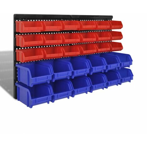 Wall Mounted Garage Plastic Storage Bin Set 30 pcs Blue & Red