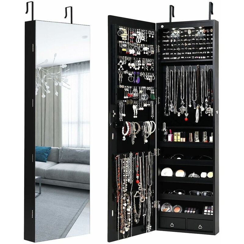 Wall-mounted Jewelry Storage Cabinet Door Hanging Jewelry Armoire w/ Full Mirror